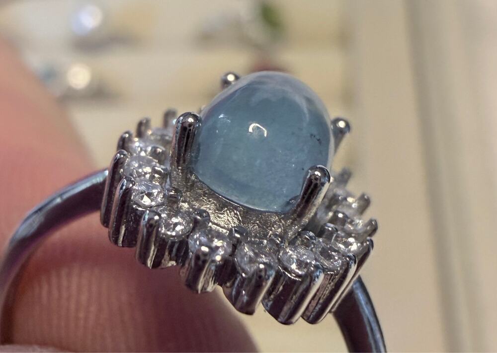 Aquamarine Silver Tone Adjustable Ring with Anti-Tarnish Finish